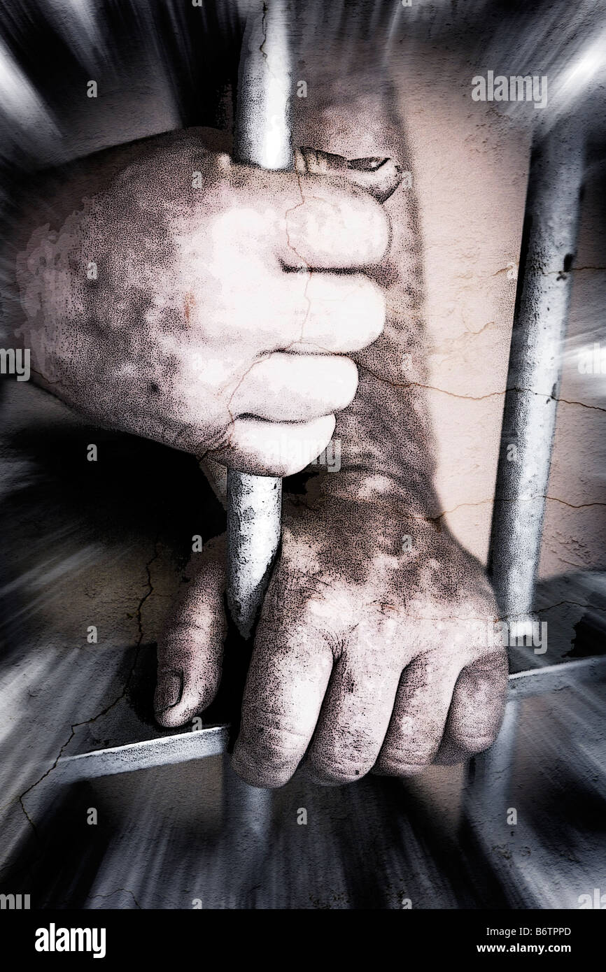 Image of a mans rough hands grasping the steel bars of a prison door from the backside Stock Photo