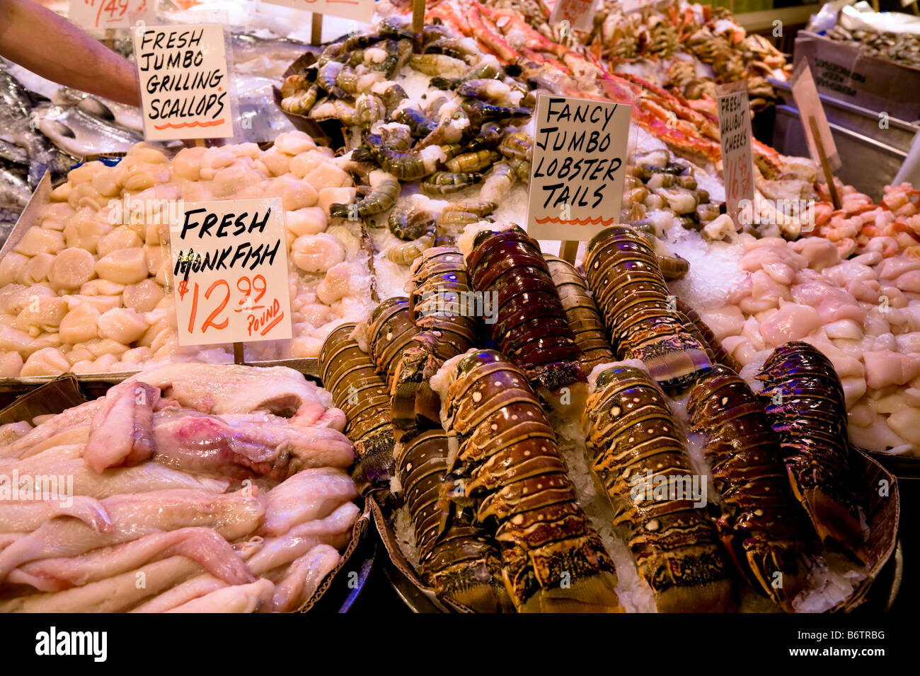 Fresh fish on display for sale at Pike Place Market, Downtown Seattle