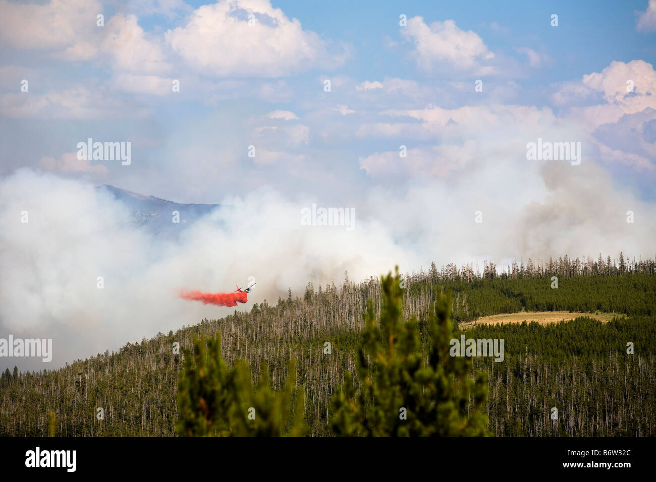 Firefighting aircraft dropping red retardant over Harley Creek forest fire Belt Creek ranger district Montana USA 26th July 2008 Stock Photo