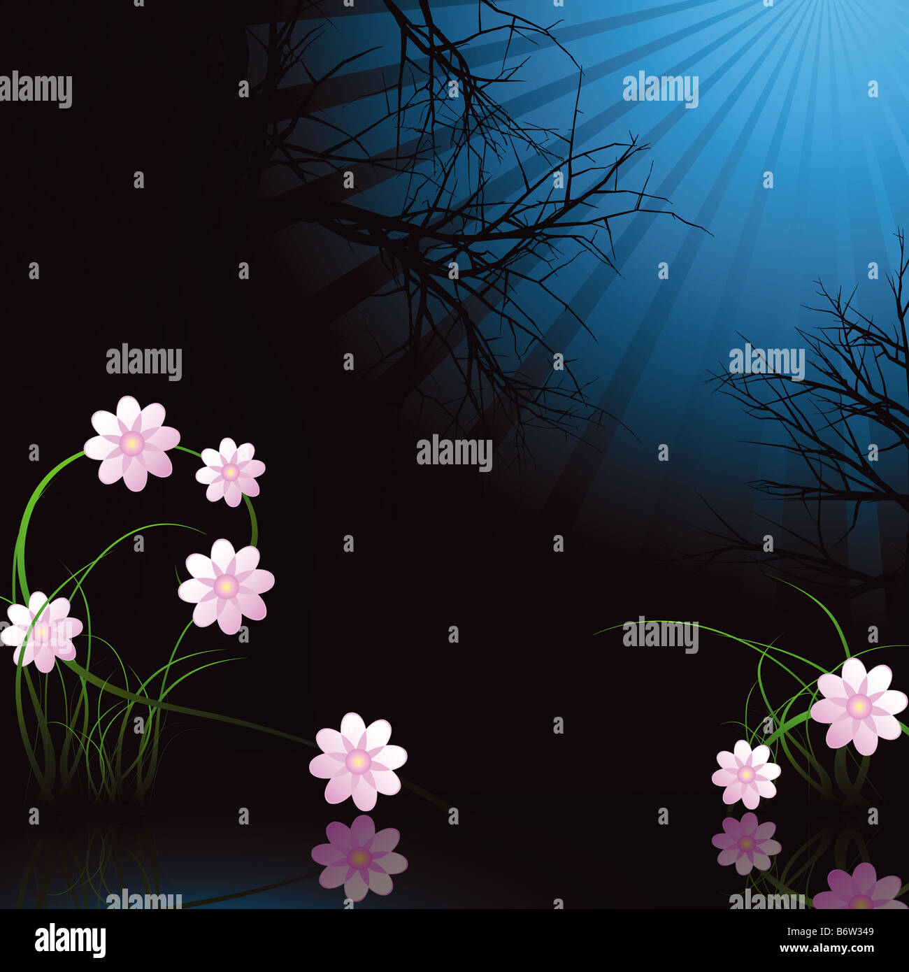 Forest night scene with trees and reflected flowers Stock Photo Alamy