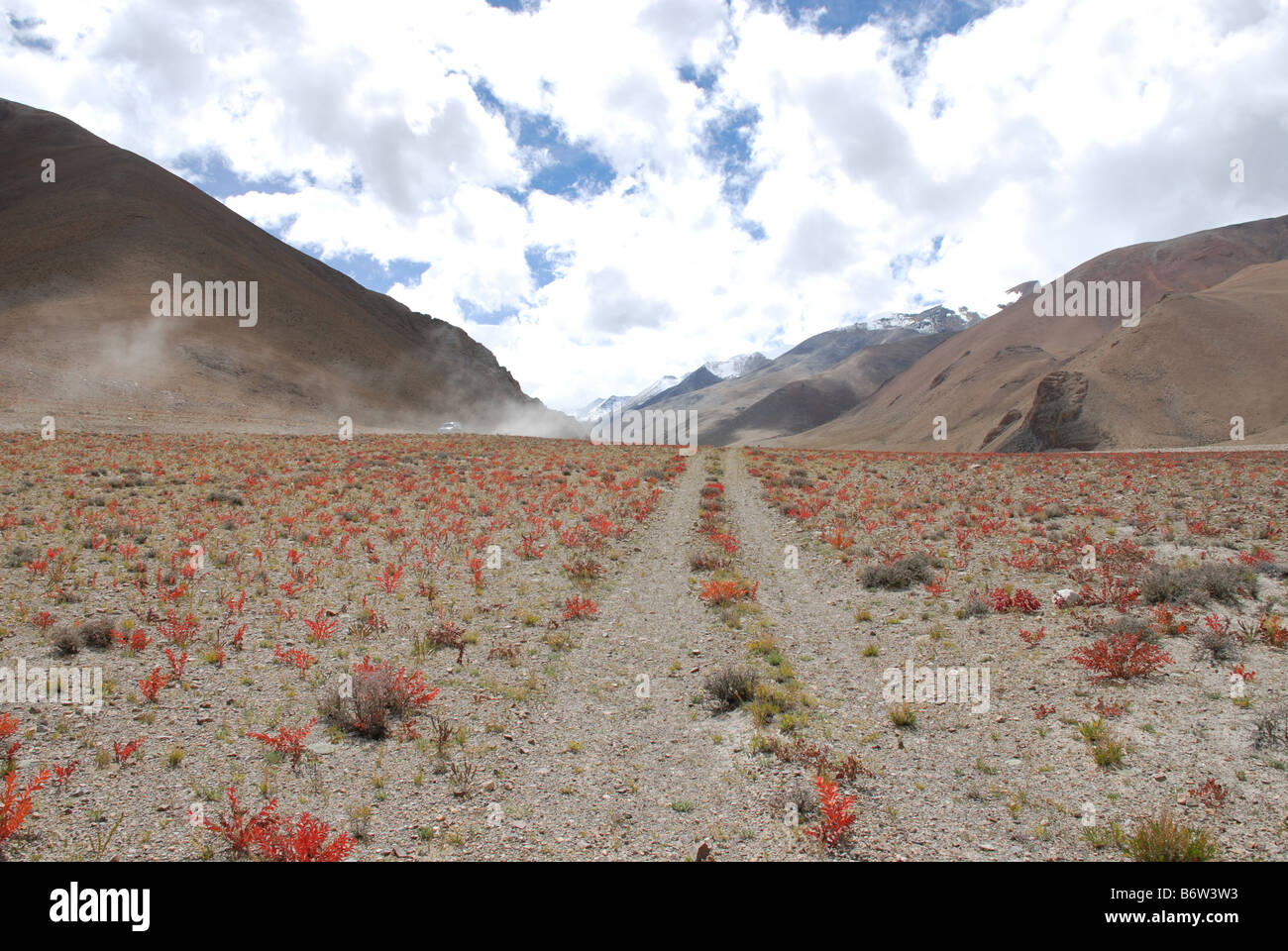 A road leading to Everest in the  Rongbuk valley of Tibet with snow covered peaks in the background Stock Photo