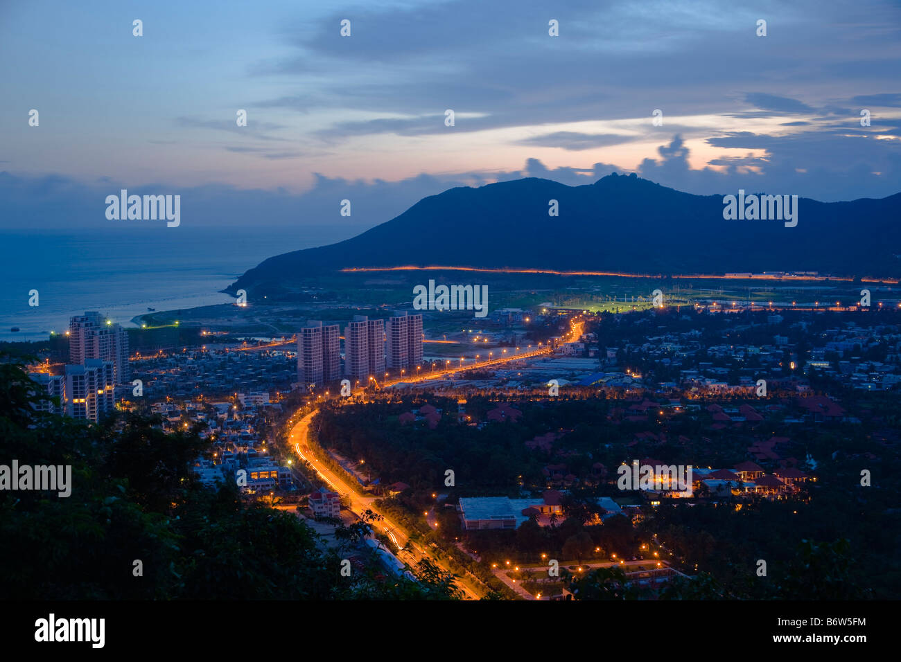 China,Hainan,Sanya,Urban Scene,Illuminated,Sky Stock Photo