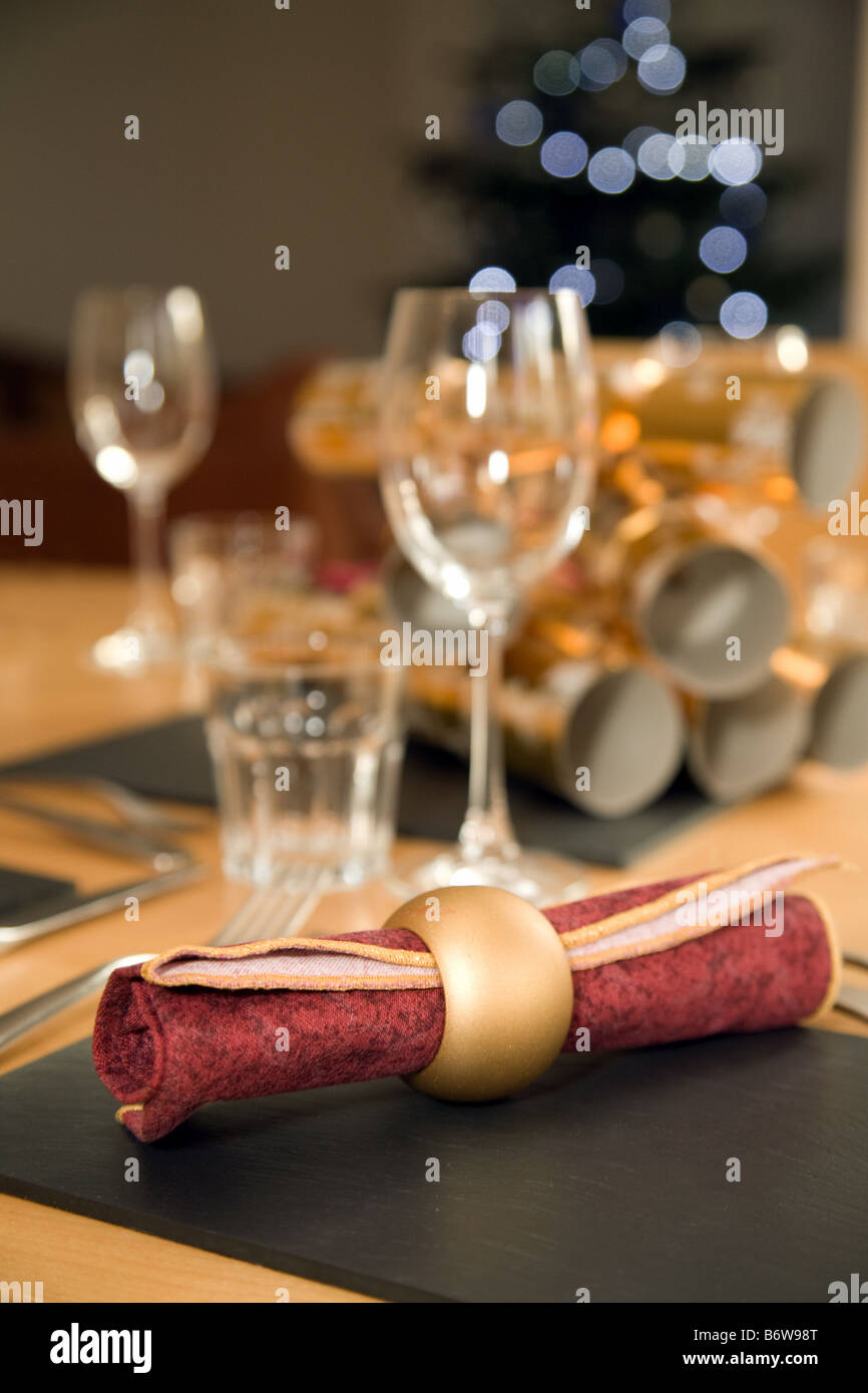 Close up of  a table set for Christmas dinner, UK Stock Photo