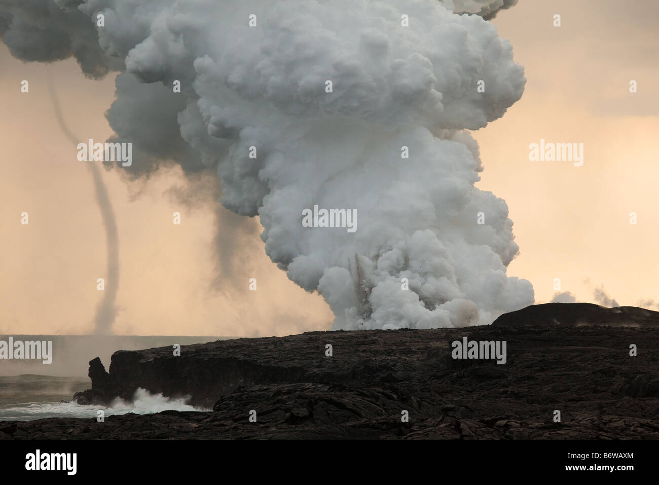 Steam plume, funnel cloud, and volcanic eruption at Kalapana, Big