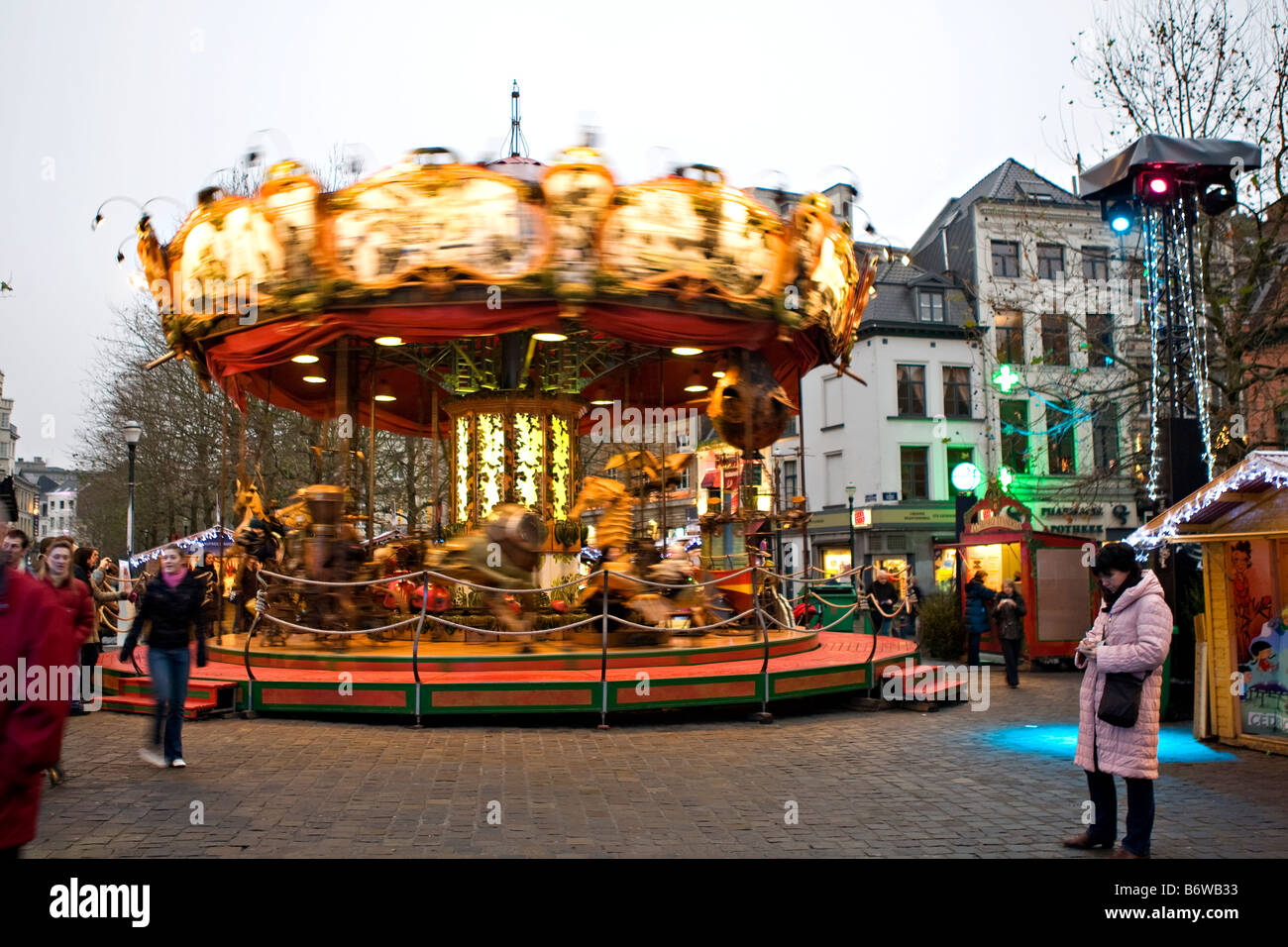 Roundabout Christmas Market Place Sainte Catherine Brussels Belgium Stock Photo