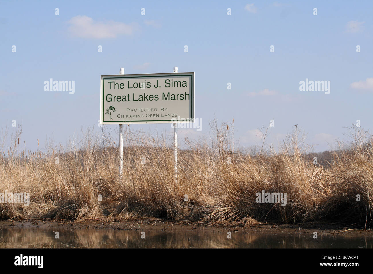 Sign for the Louis J Sima Great Lakes Marsh on the banks of the Galien river in New Buffalo Michigan Stock Photo