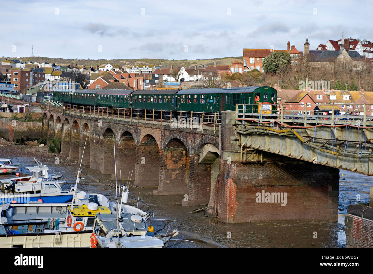 Preserved 'Hastings DMU' on the viaduct at Folkestone Harbour, Kent, UK Stock Photo