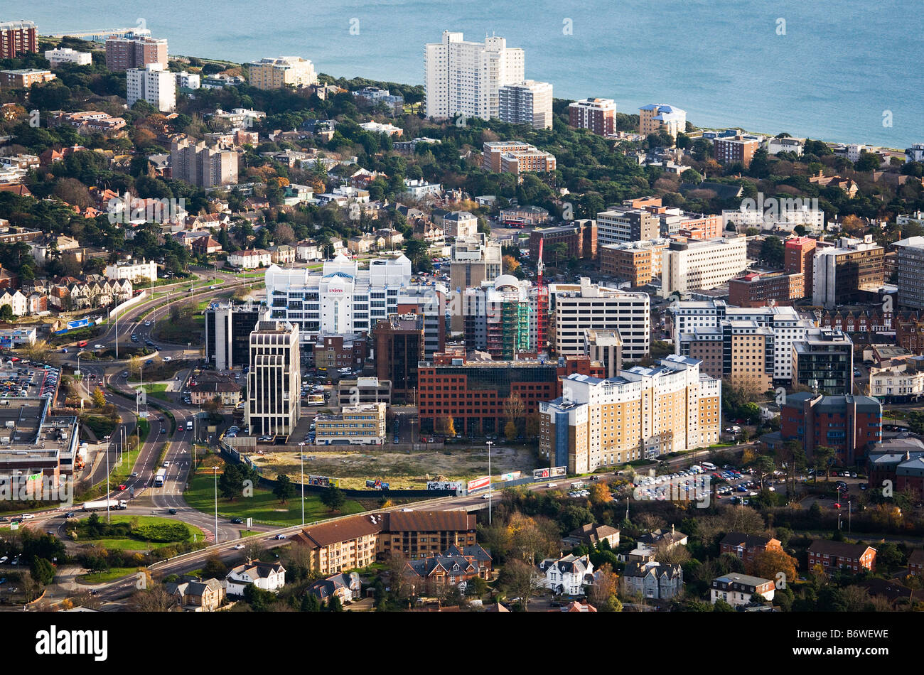 Aerial view of Bournemouth town centre.  Office blocks and apartment buildings near the coast. Dorset. UK. Stock Photo