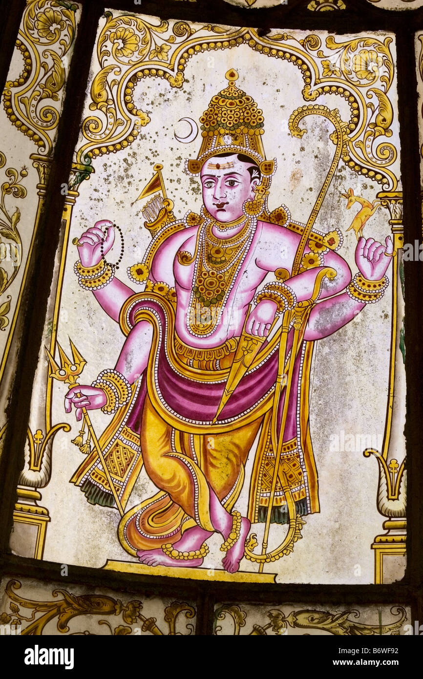 A Hindu mythological figure is painted onto a pane in the glass roof of a bandstand in Mysore, India Stock Photo