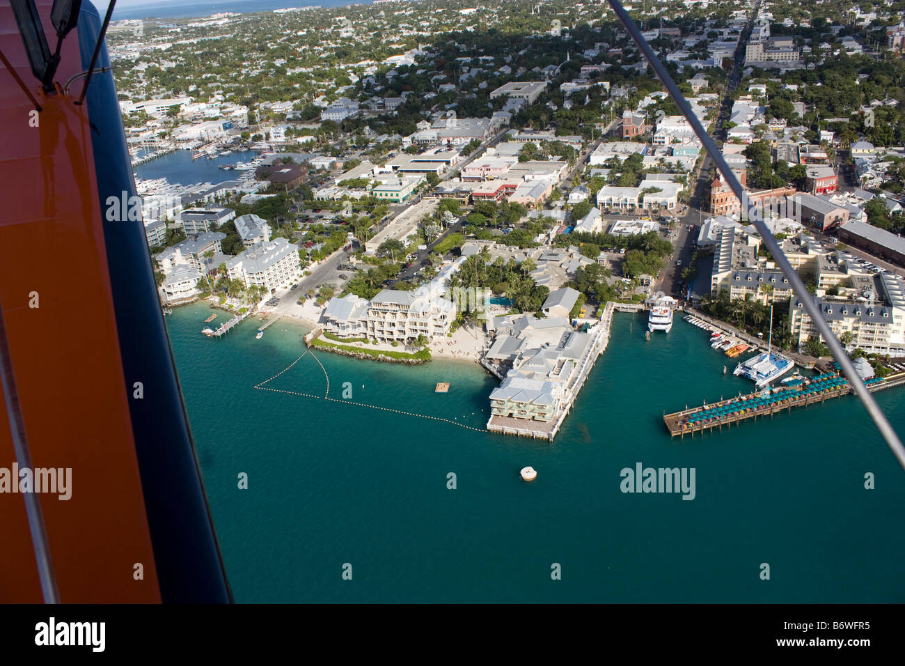 Aerial view of Duval St in Key West Florida looking south from biplane Stock Photo