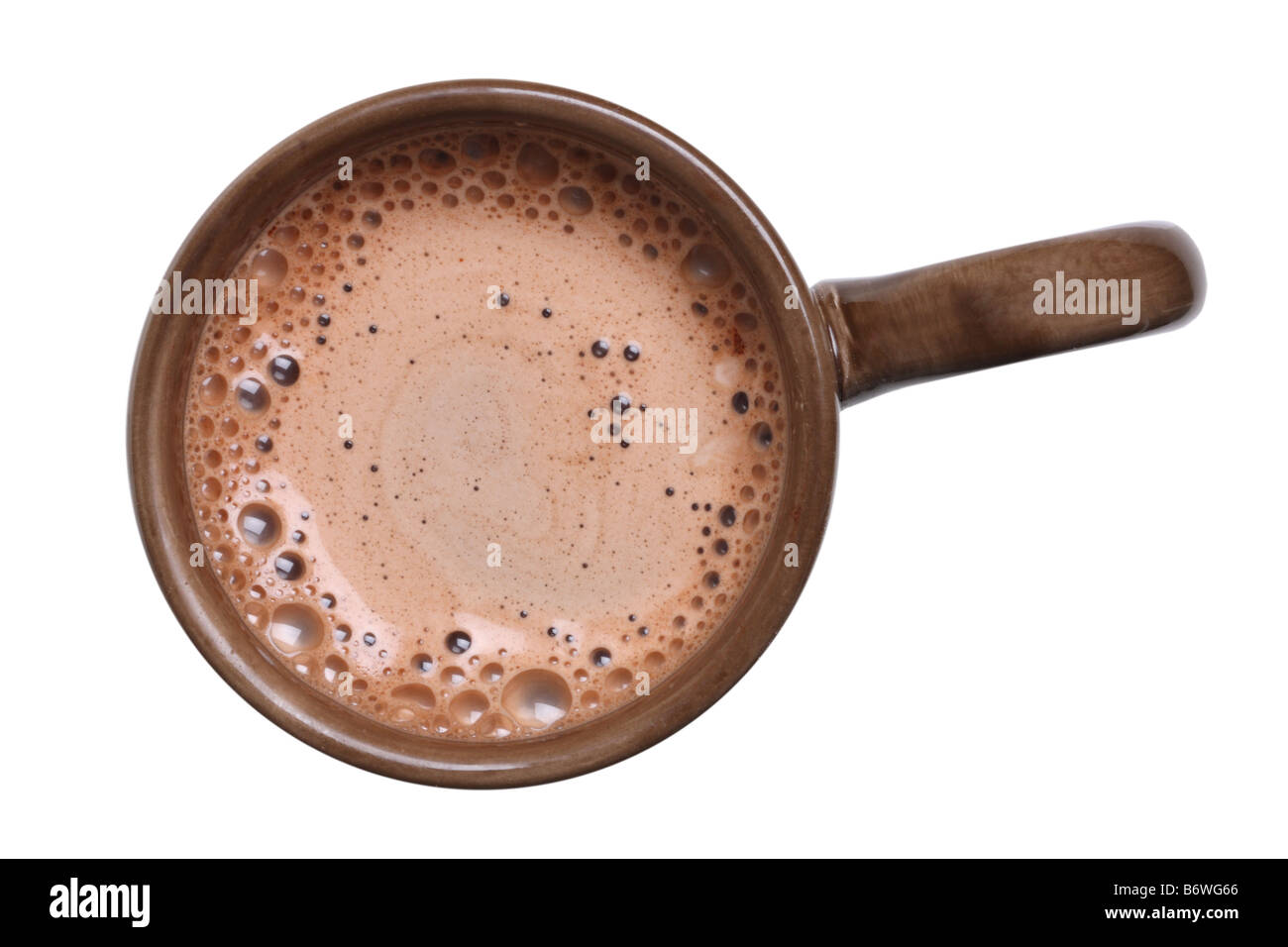 Overhead view of a mug of hot cocoa cut out isolated on white background Stock Photo