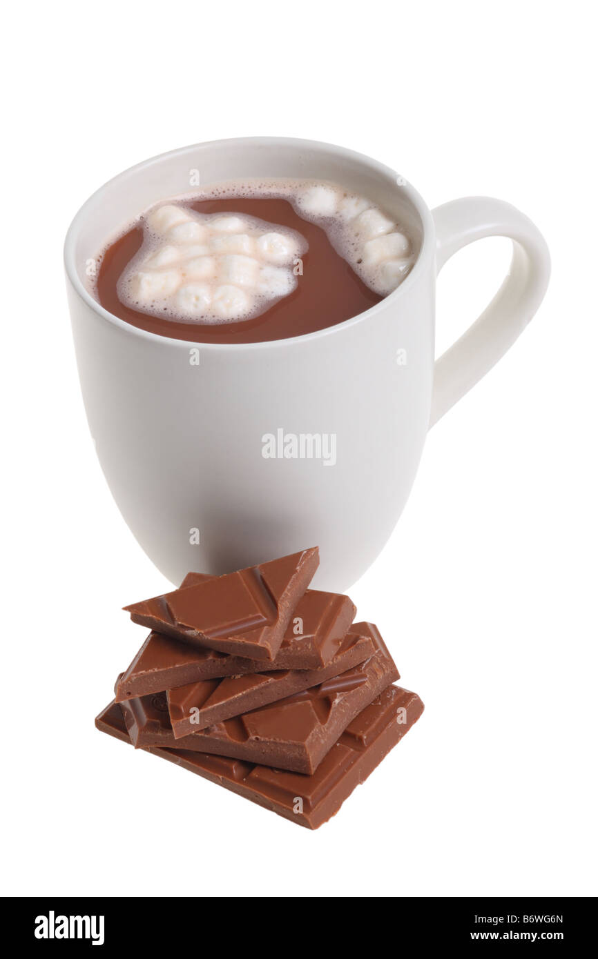 Mug of hot cocoa with chocolate cut out isolated on white background Stock Photo