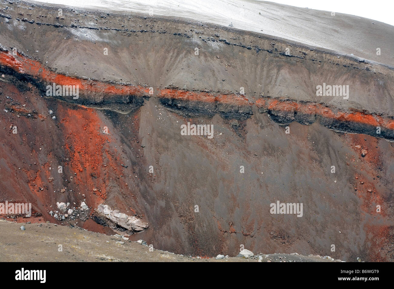 Red volcanic strata on the slopes of Cotopaxi Volcano, Ecuador Stock Photo