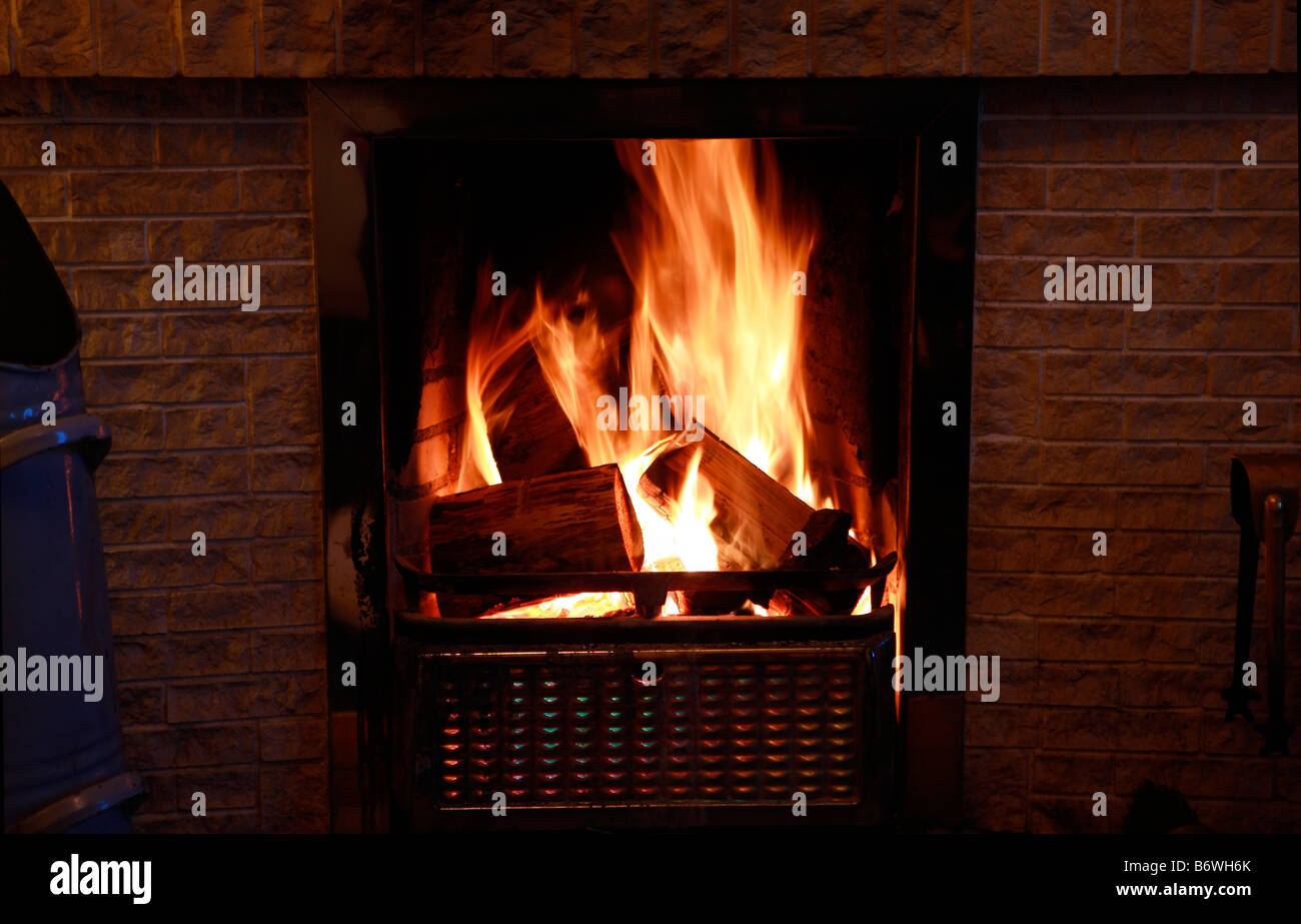 open fire with burning logs Stock Photo Alamy