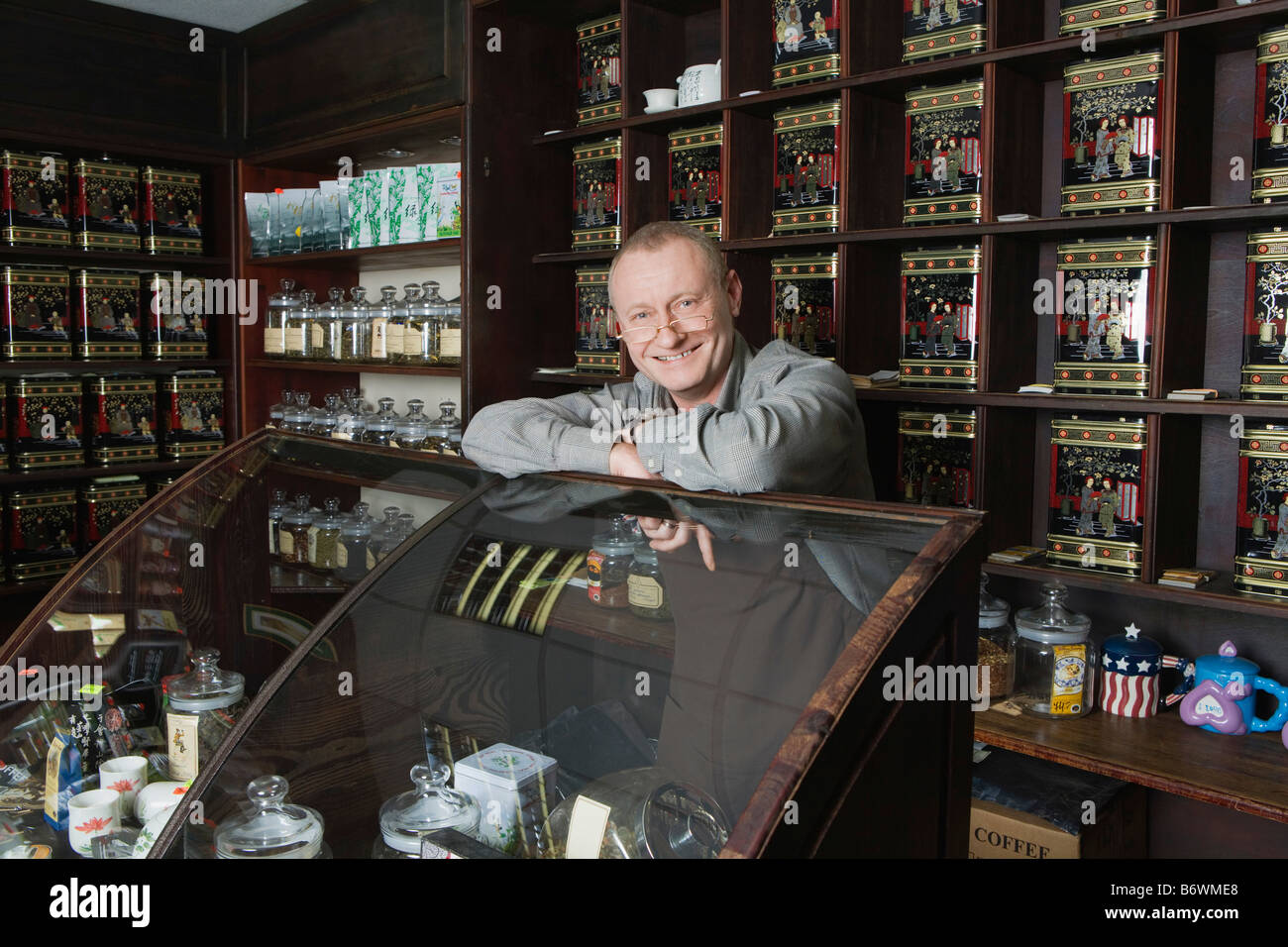 Tea Shop Owner in Store Stock Photo Alamy
