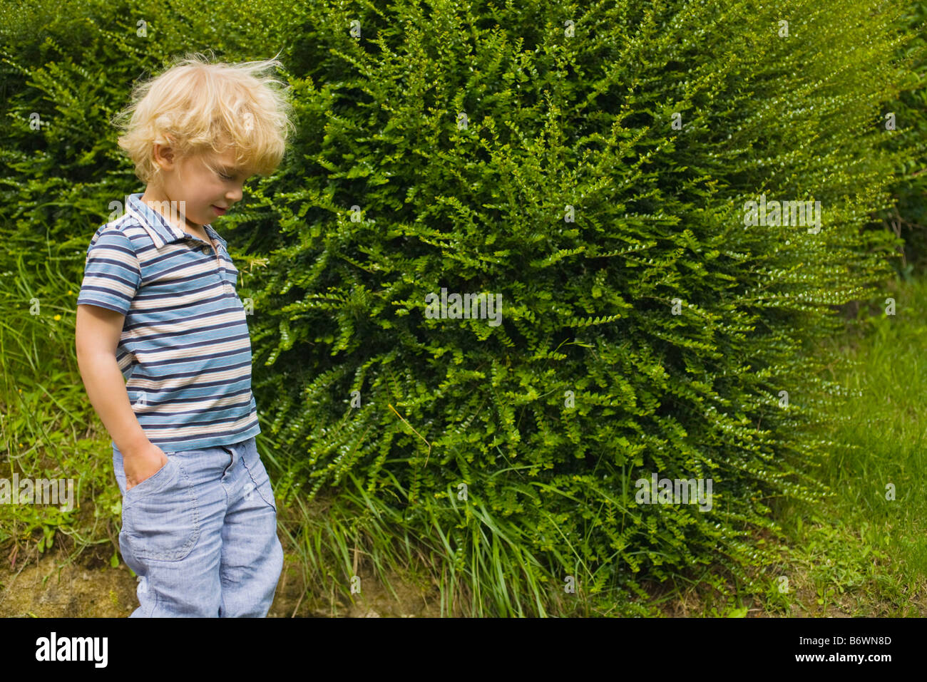 A boy walking past a bush Stock Photo