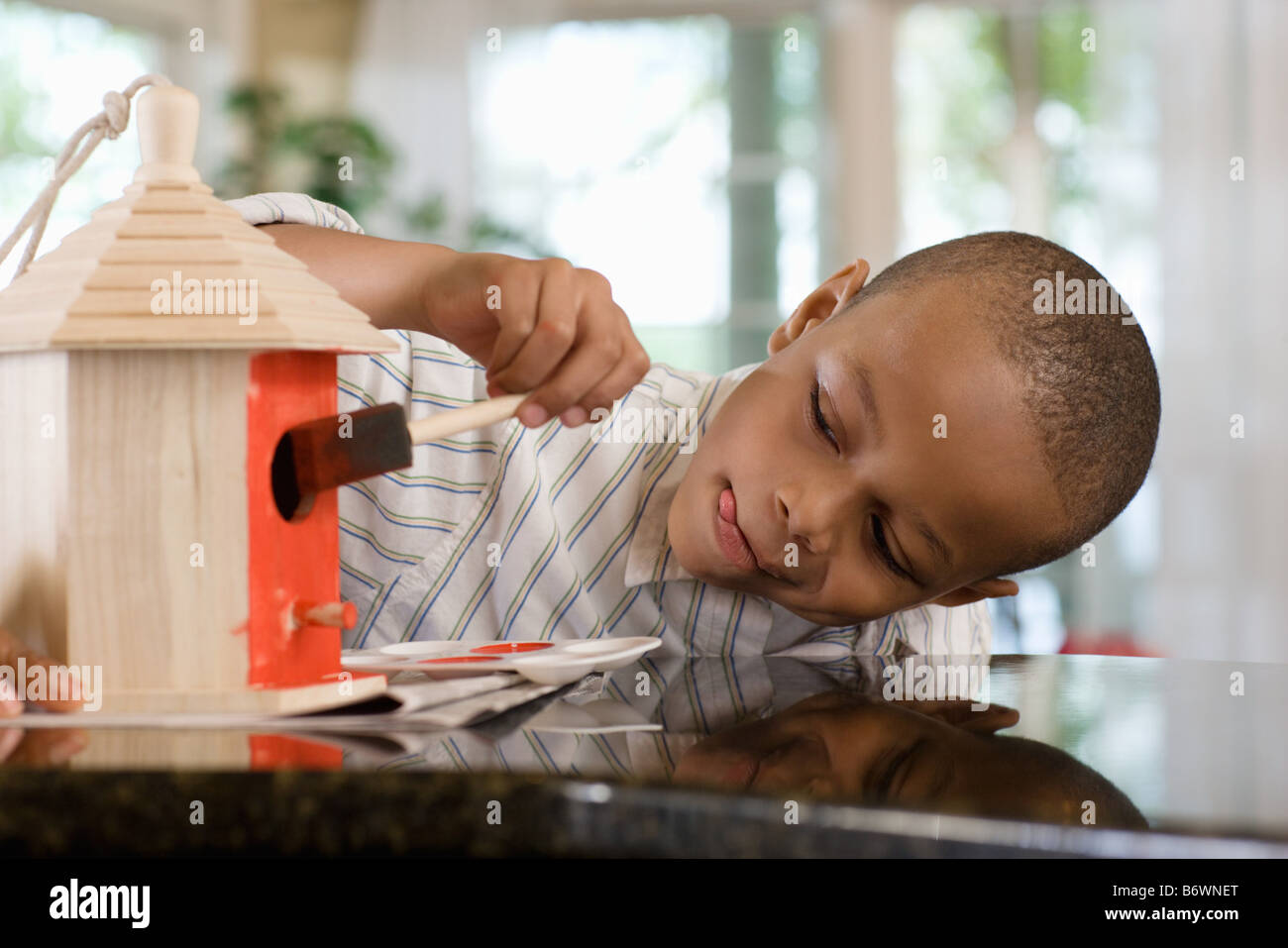 A boy painting a birdhouse Stock Photo - Alamy