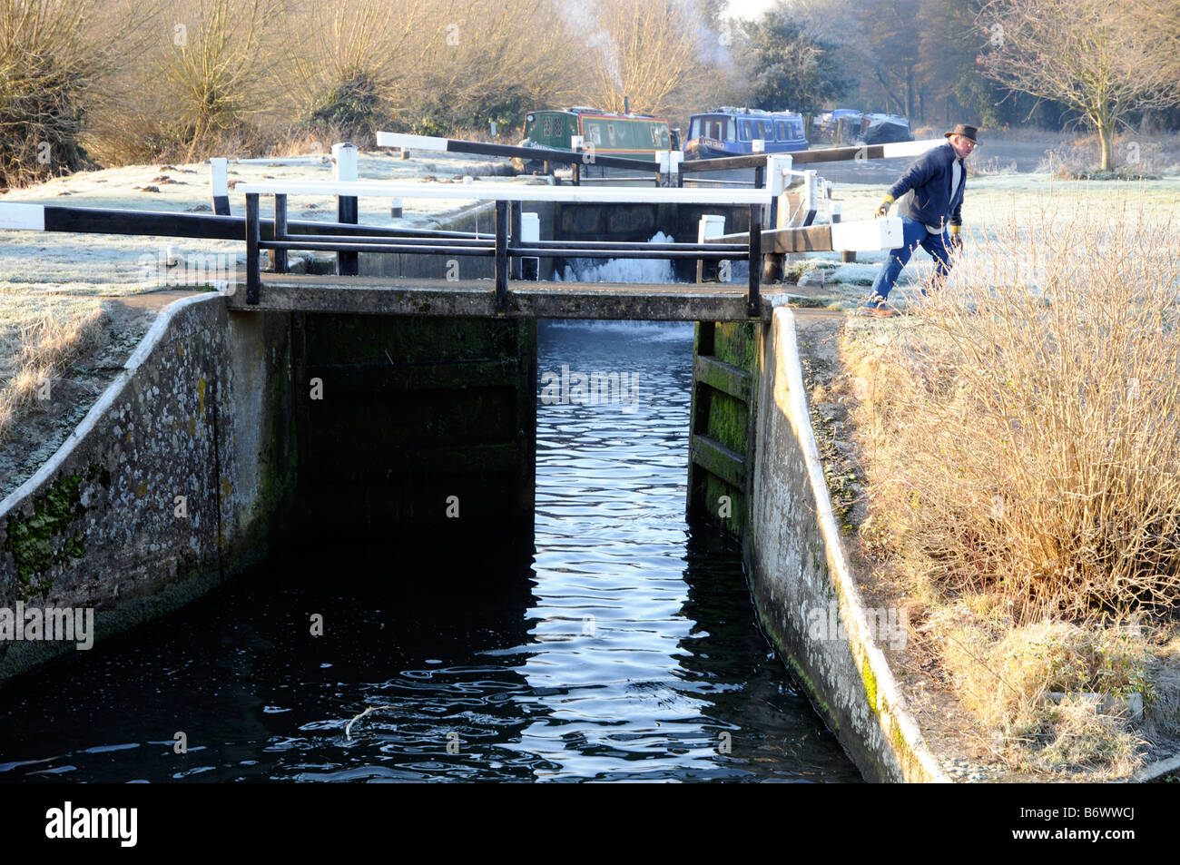 A lock is closed at Papercourt Lock on the River Wey Navigation in Surrey, England. Stock Photo