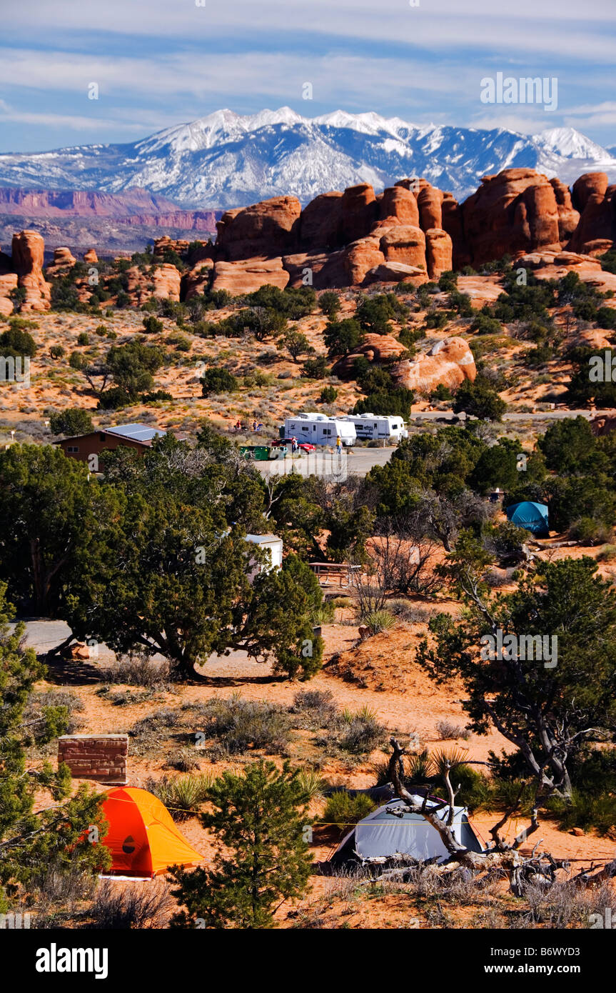 USA, Utah, Arches National Park. Manti La Sal National Forest mountains