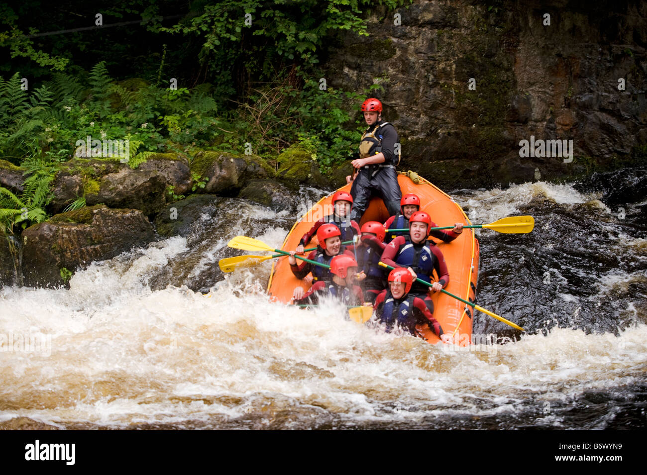 Wales, Gwynedd, Bala. White water rafting on the Tryweryn River at the National Whitewater Centre Stock Photo