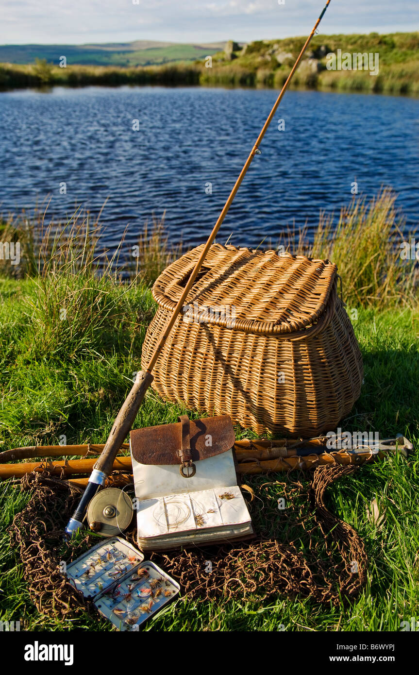 UK, Wales, Conwy. A split-cane fly rod and traditional fly-fishing equipment  beside a trout lake in North Wales Stock Photo - Alamy