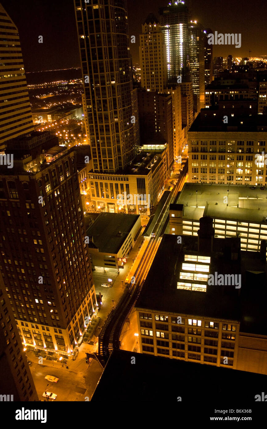Looking south on Wabash Street in Chicago at night from an elevated perspective Stock Photo