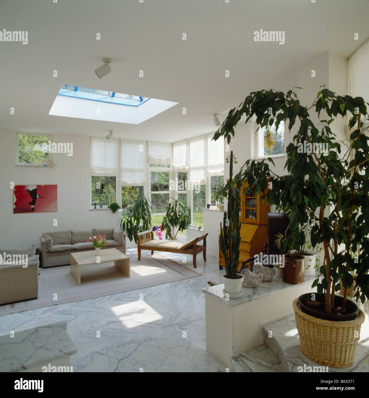 Beige Sofas And Marble Floor Tiles In Modern White Living Room