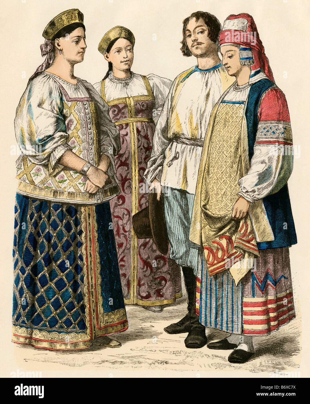 Woman from Jaroslaw Poland, woman from Tvier, and a couple from Kaluga in Russia. Hand-colored print Stock Photo