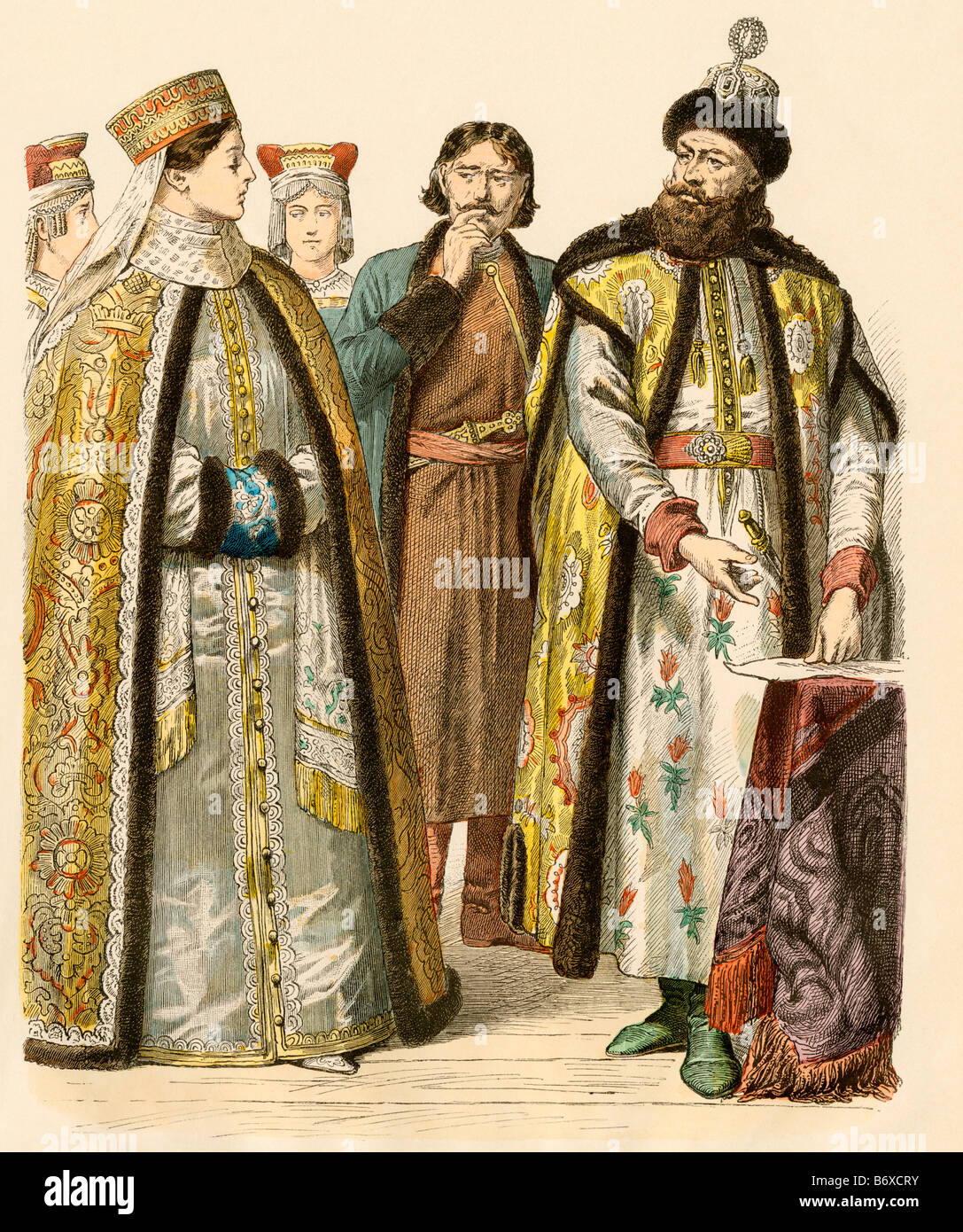 Russian boyars or nobles during the time of Peter the Great 1600s 1700s. Hand-colored print Stock Photo