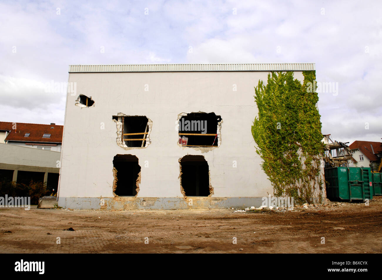 demolition preparation building damaged bricks holes windows opening ...