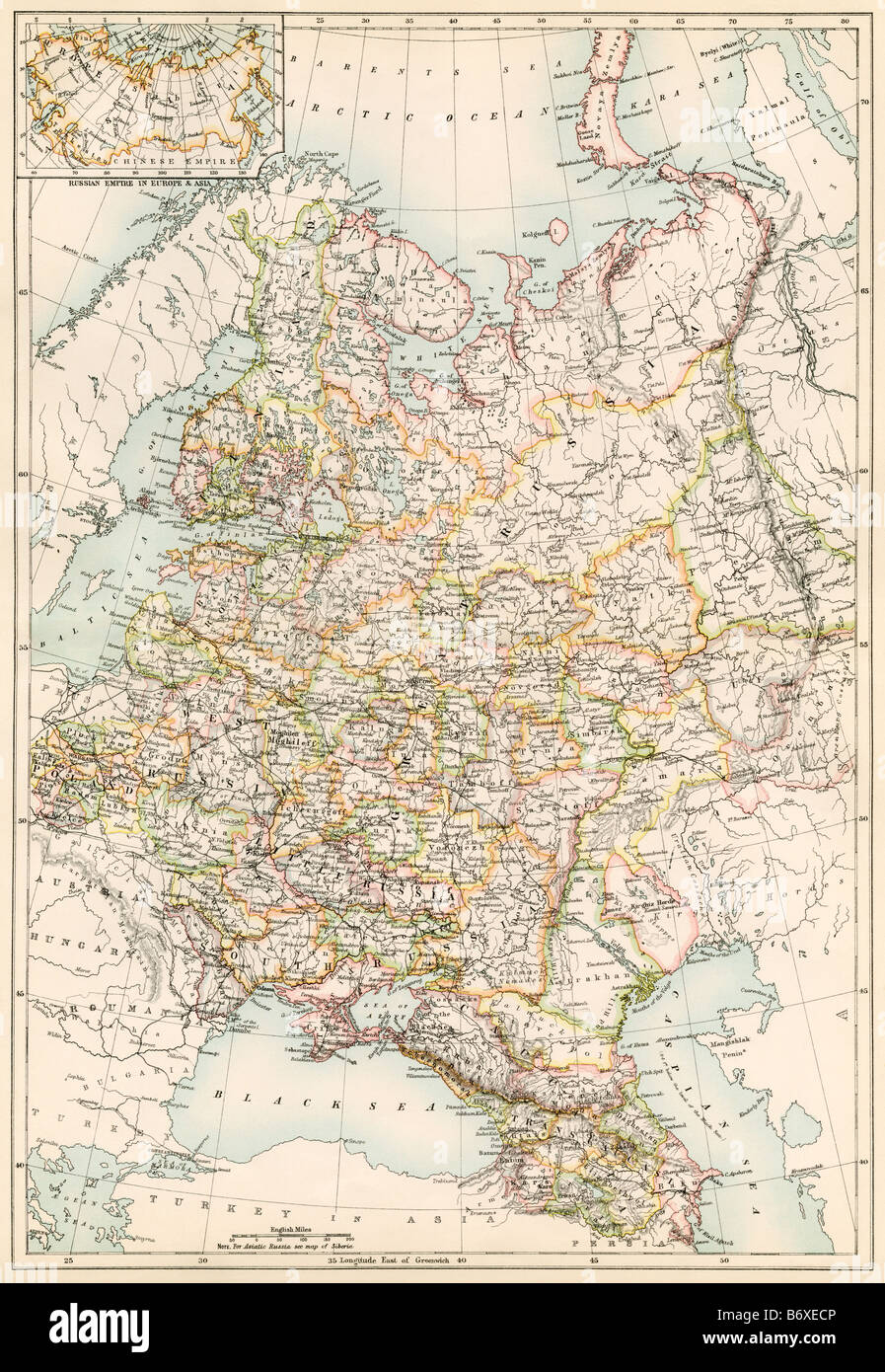 Map of Russia 1870s. Color lithograph Stock Photo