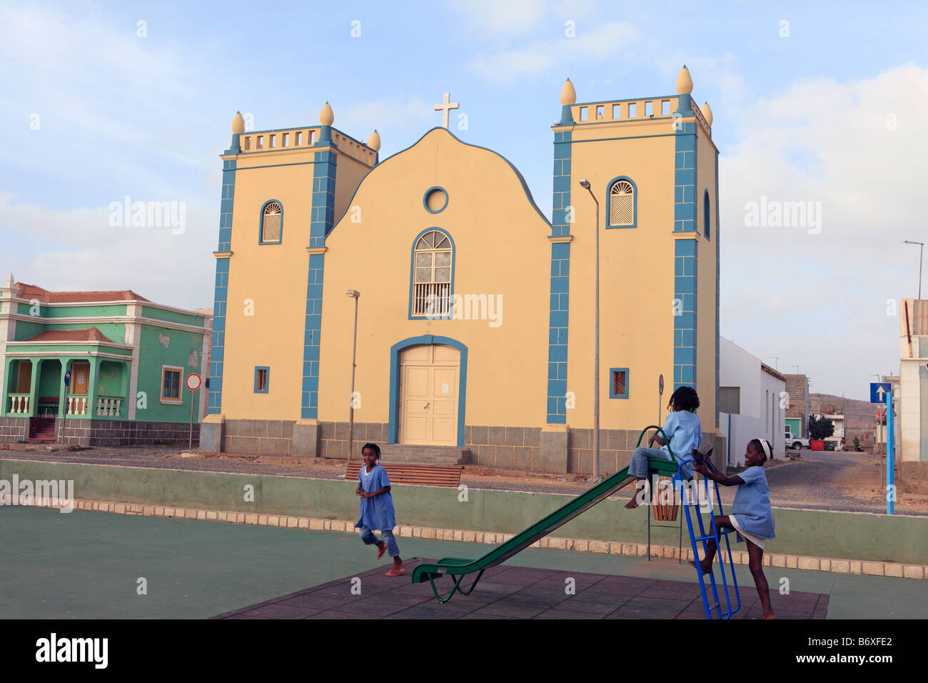 cape verde islands boa vista sal rei the main square and church with childrens playground Stock Photo