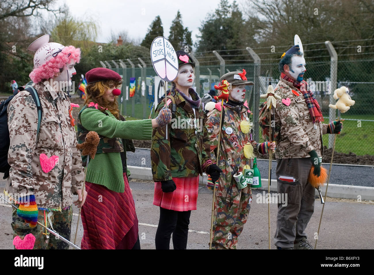 The Clandestine Insurgent Rebel Clown Army protesting at the gates of AWE Aldermaston at the CND Easter 2008 protest Stock Photo
