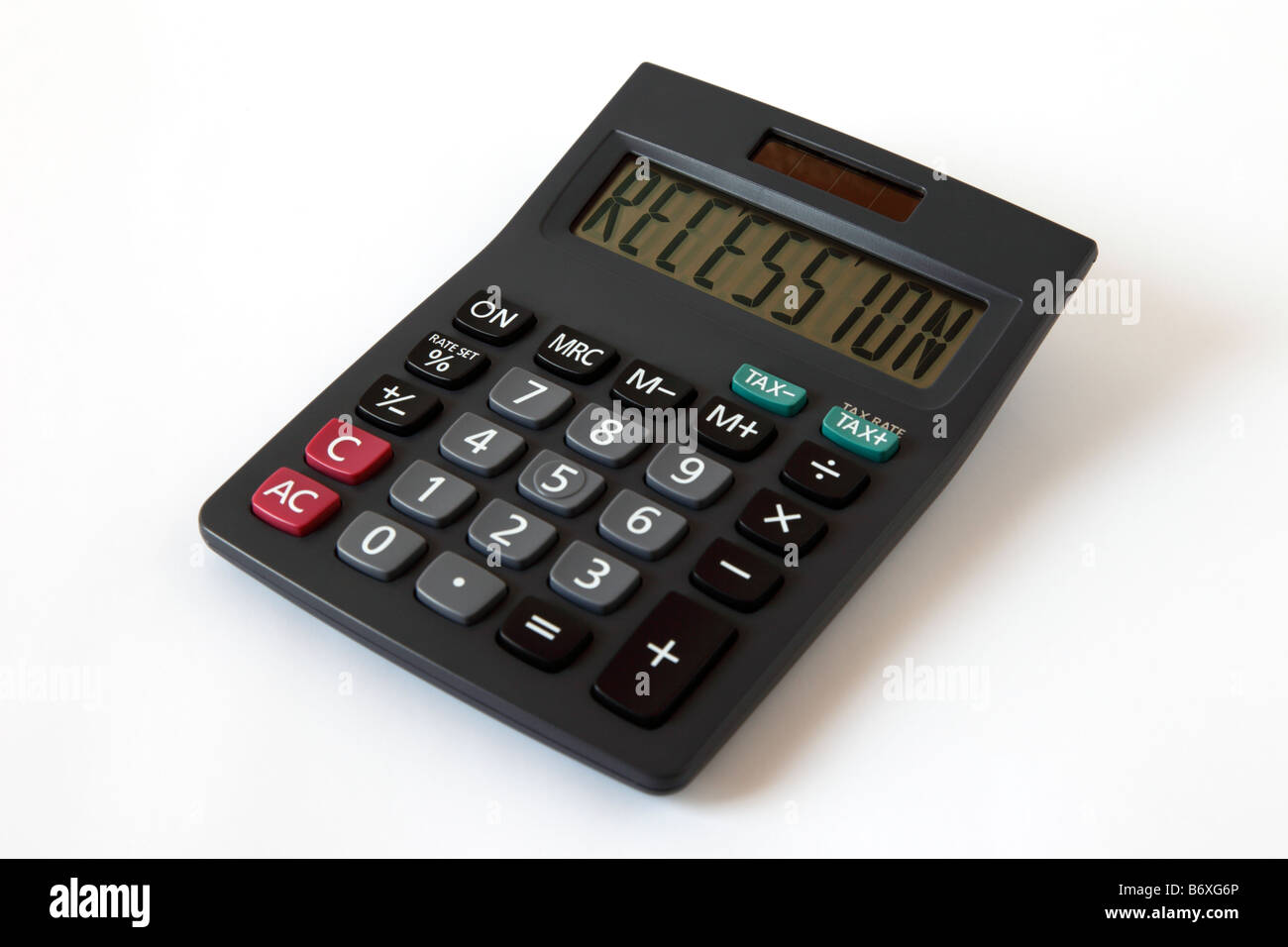 Calculator with LCD display digitally altered to read the word Recession Stock Photo