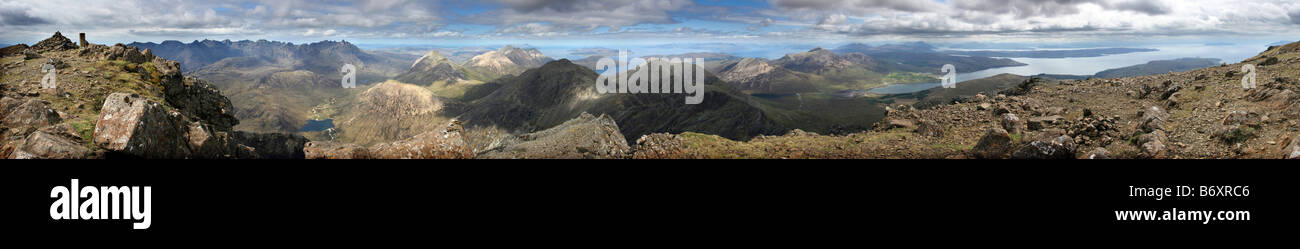 Panorama from the summit of Bla Bheinn showing The Black Cuillins and The Red Cuillins on The Isle of Skye in Scotland Stock Photo