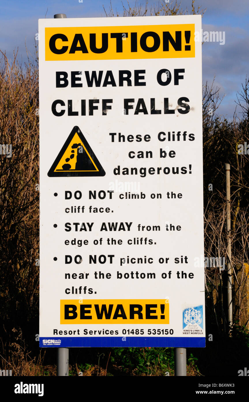 Bewarte of Cliff Falls Warning Sign at Hunstanton Norfolk England UK Stock Photo