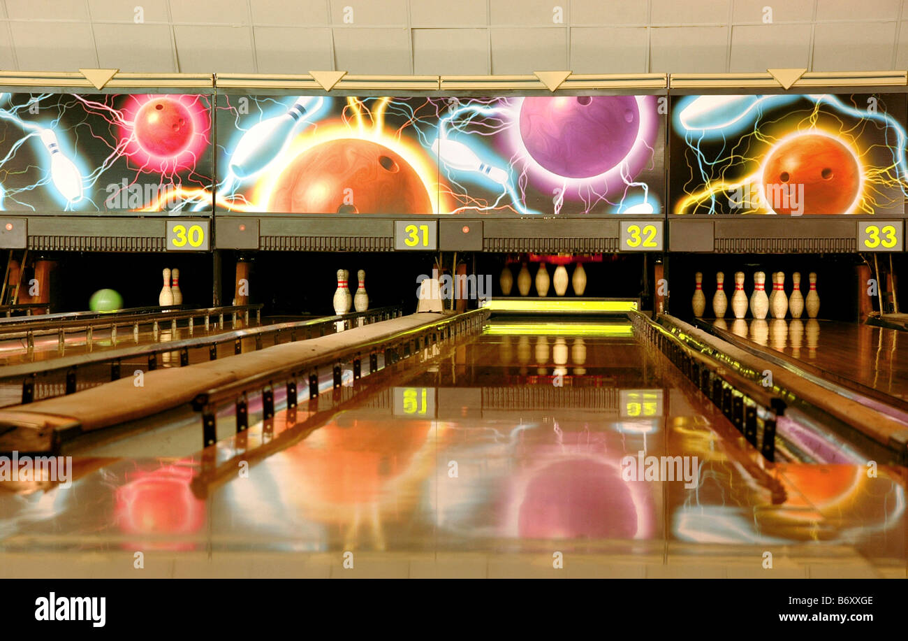 Ten pin bowling skittles and lanes. Stock Photo