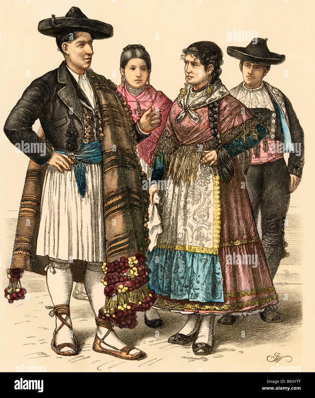 People of Alicante left and Zamora, Spain. Hand-colored print Stock Photo