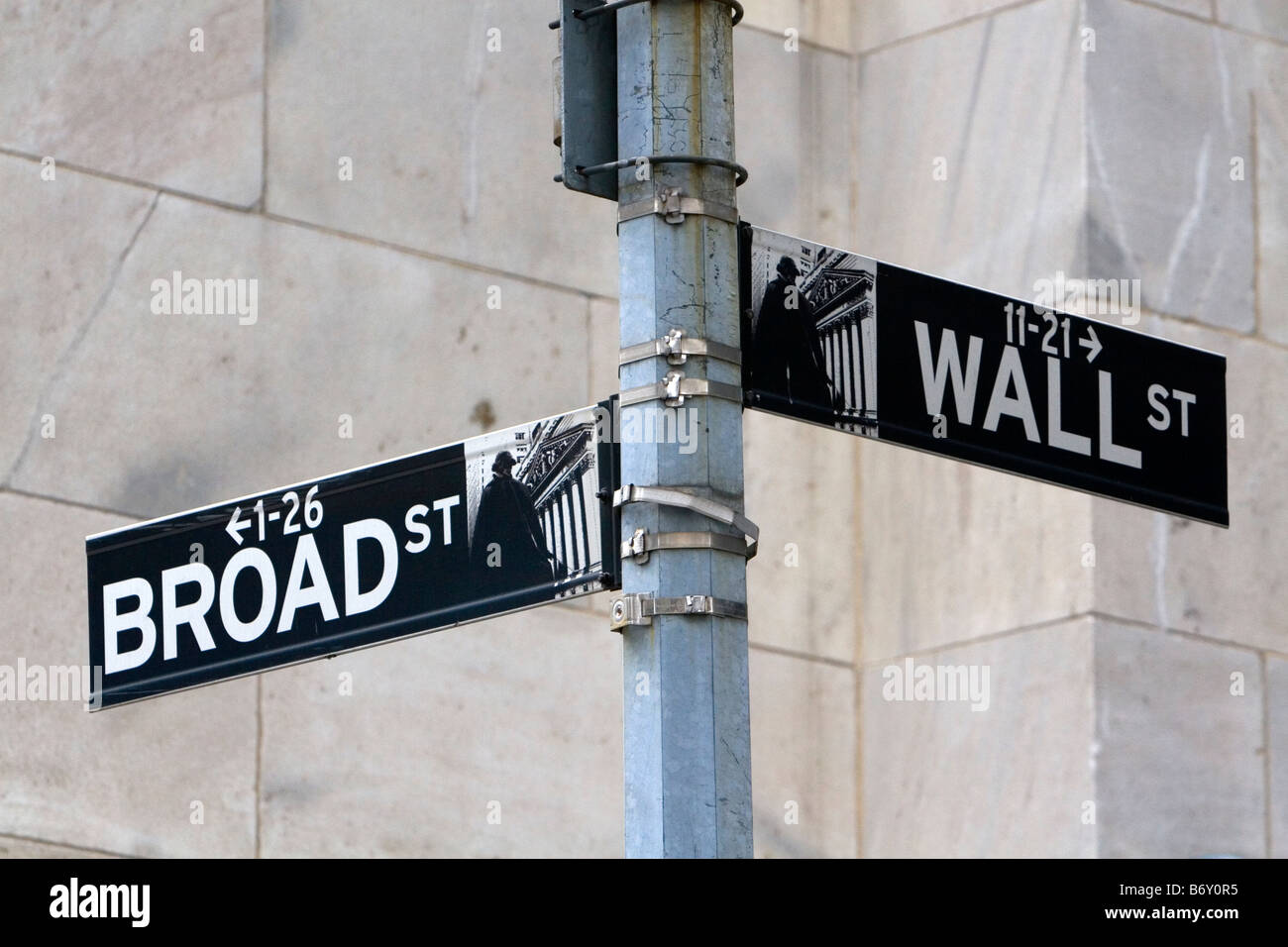 Street sign for Wall and Broad in New York City New York USA Stock Photo