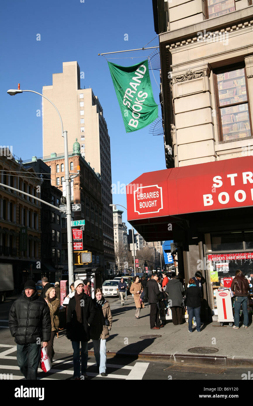 Broadway in lower Manhattan, showing the Strand Bookstore, one of the