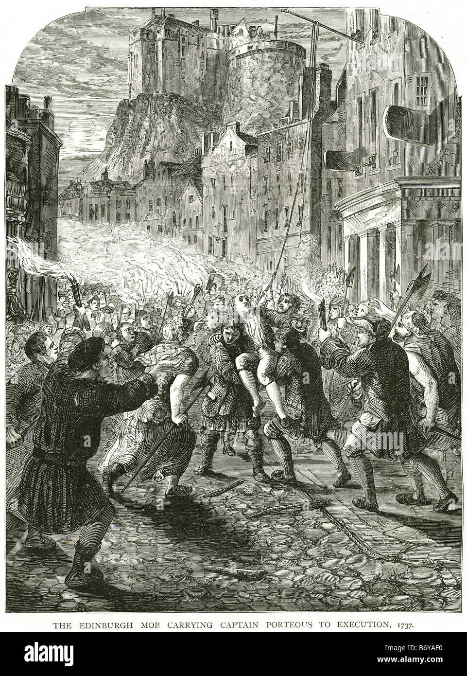 edinburgh mob carrying Captain John Porteous execution 1737 murder Portsburgh Tolbooth prison  lynched Stock Photo