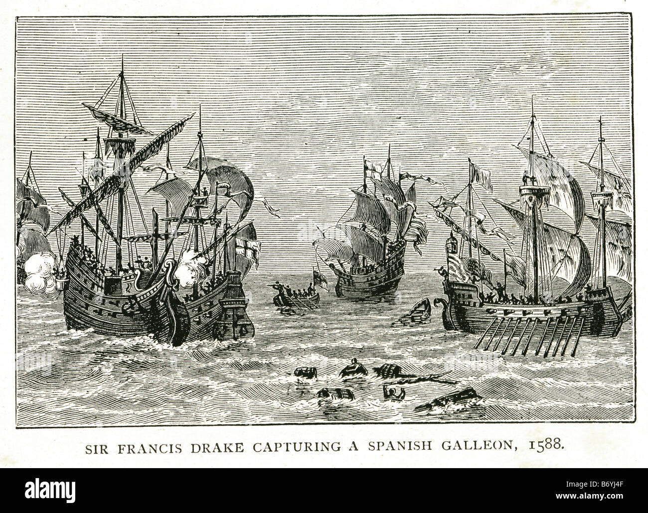 Sir Francis Drake Capturing a Spanish Galleon 1588 Armada invade England English Channel Stock Photo