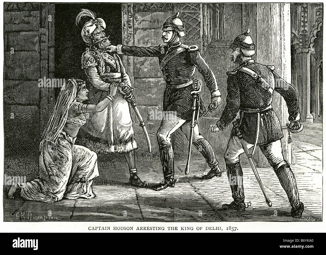 captain hodson arresting king Delhi 1857 raj british soldier arrest law sword uniform official The British were slow to strike b Stock Photo