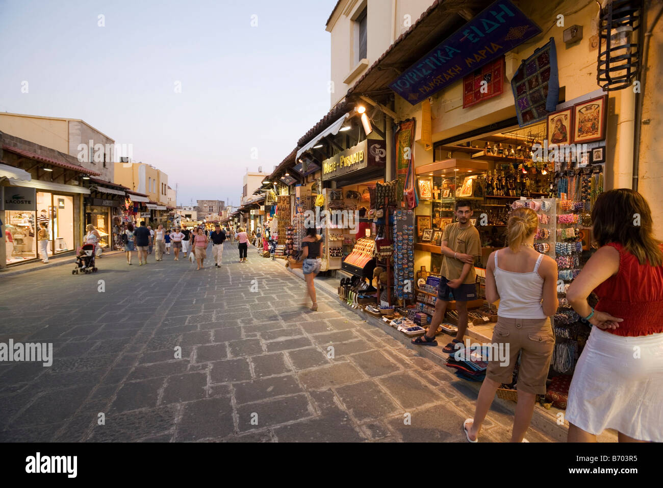 View along shopping street Odos Sokratous, Rhodes Town, Rhodes, Greece,  (Since 1988 part of the UNESCO World Heritage Site Stock Photo - Alamy