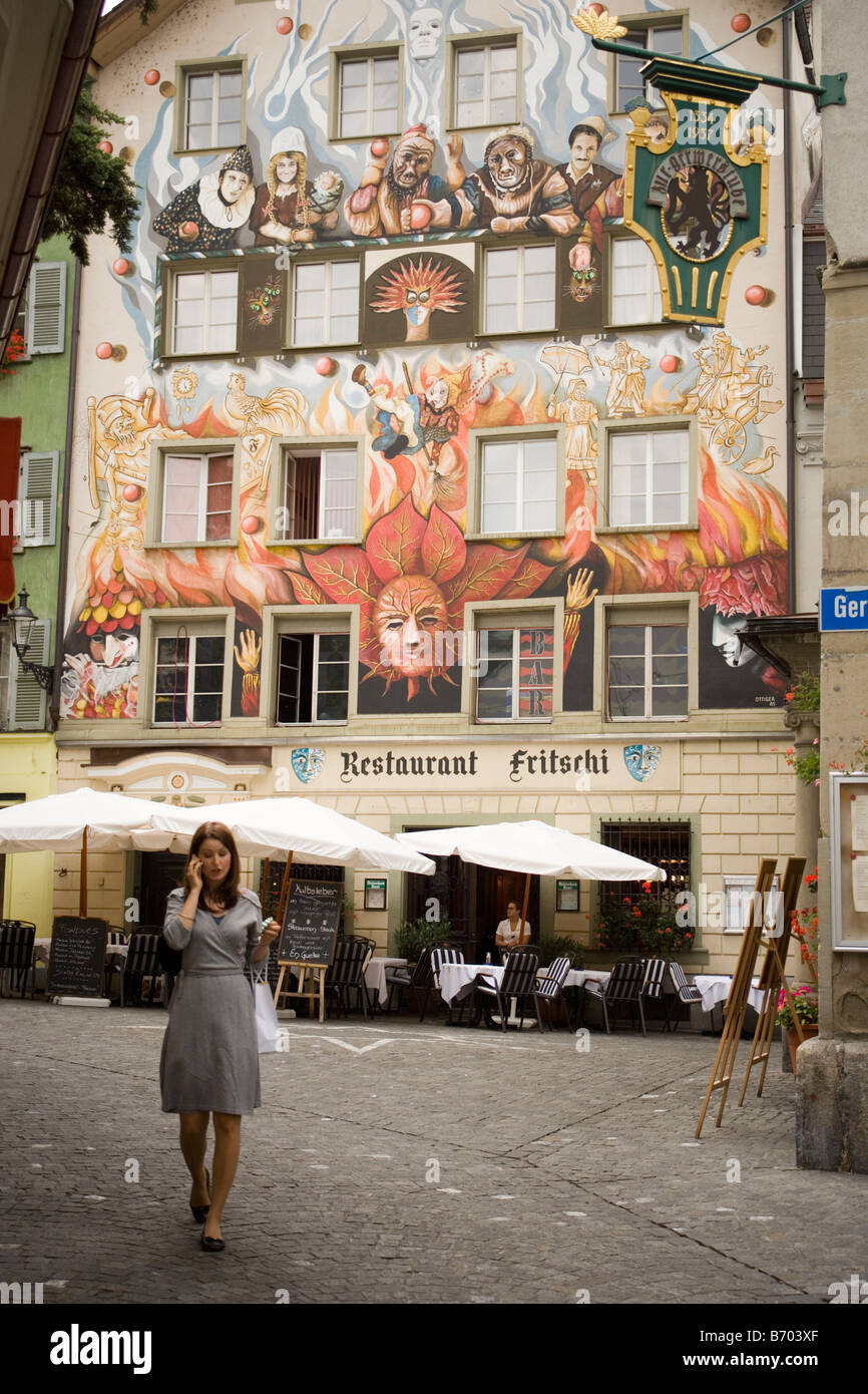 Colourful facade painting of Restaurant Fritschi at square Sternenplatz