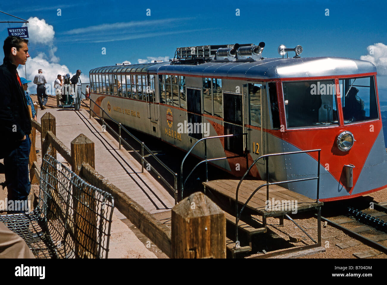 The summit of Pikes Peak Railway (Pikes Peak Cog Railway) with stream-lined train, Colorado, c.1956 Stock Photo