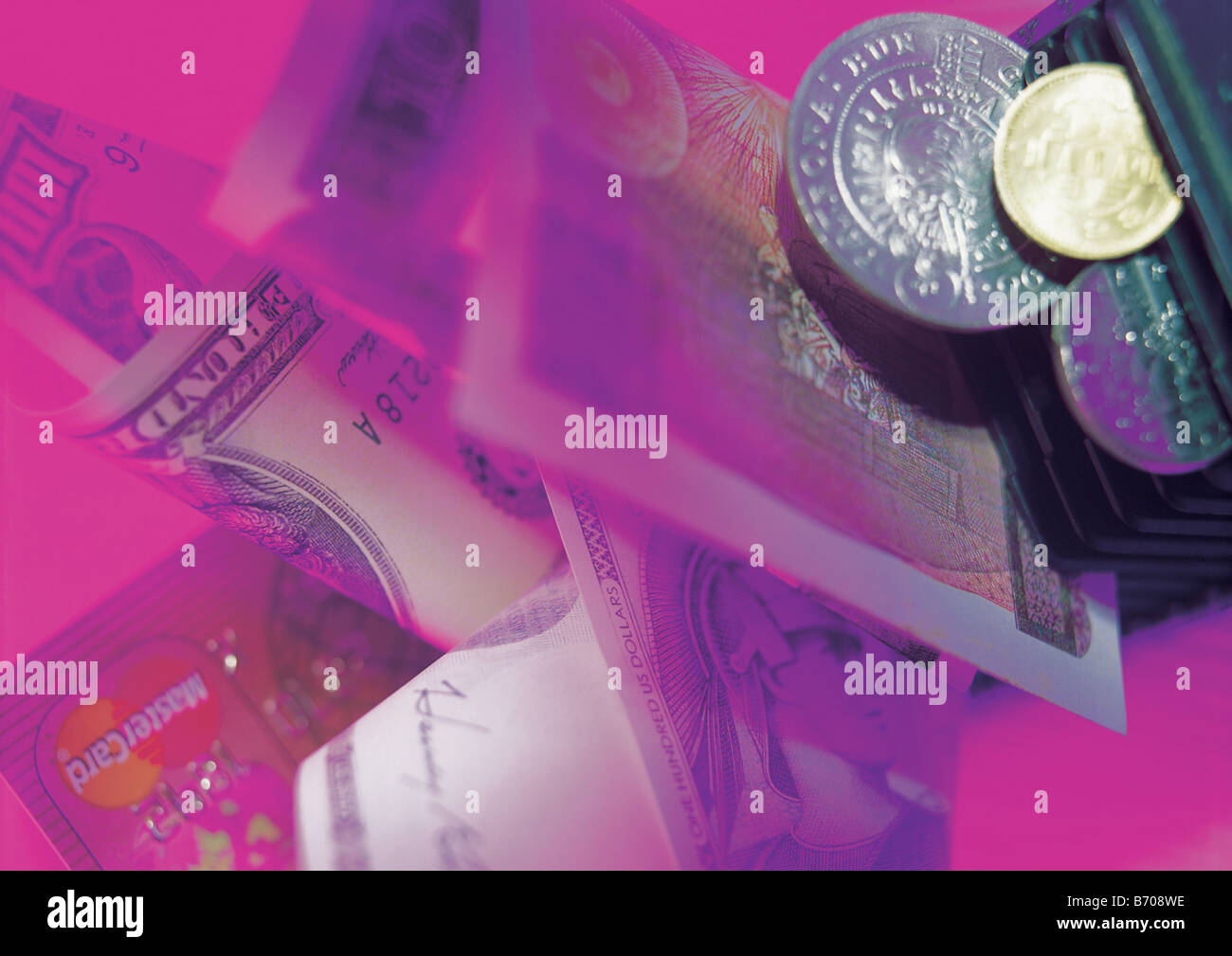 Bills, coins and credit card Stock Photo - Alamy