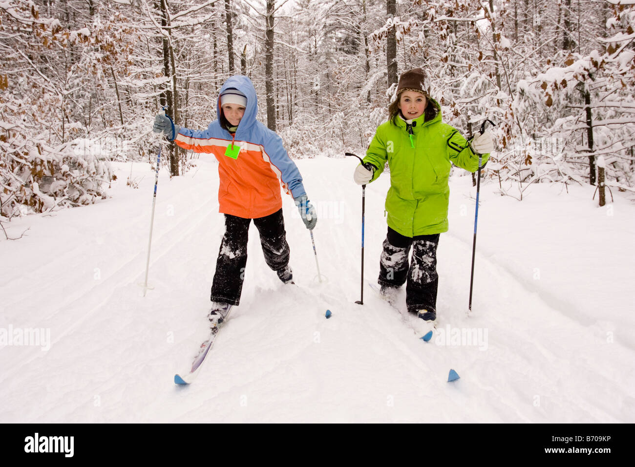 Two young girls Cross Country Skiing in Dayton, Maine Stock Photo Alamy