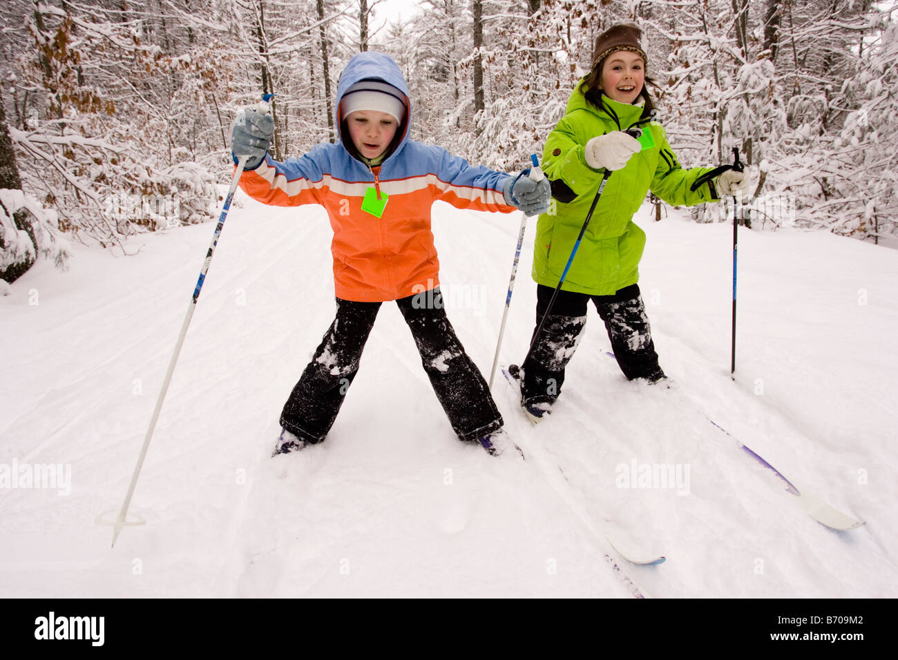 Two young girls Cross Country Skiing in Dayton, Maine Stock Photo Alamy