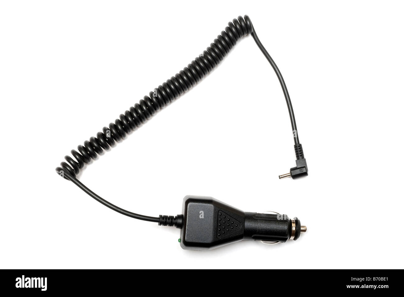 Black coiled 12 volt car  charging cable Stock Photo